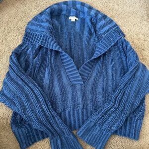American Eagle Outfitters Blue Ribbed V‑Neck Shawl Collar Sweater